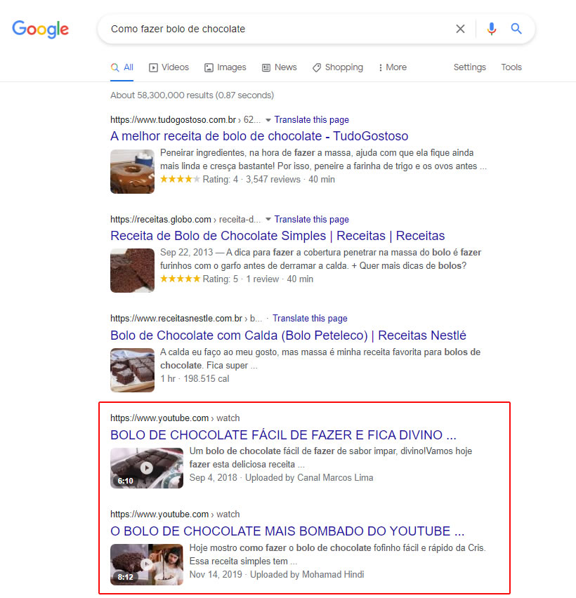 Resultados em vídeos na busca do Google